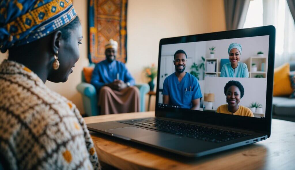 A laptop displaying a video call between a therapist and a client in a cozy room with traditional Burkinabé decor