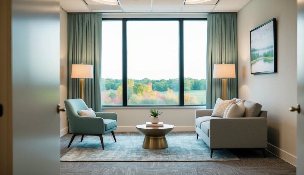 A serene office space with calming decor and soft lighting, featuring a comfortable seating area and a peaceful view of nature outside in St Louis