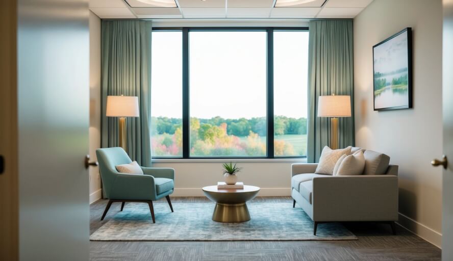A serene office space with calming decor and soft lighting, featuring a comfortable seating area and a peaceful view of nature outside in St Louis