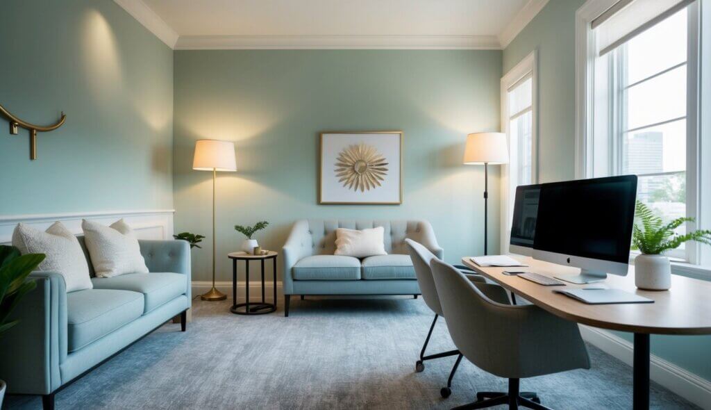 A serene office space in Charlotte with calming decor and soft lighting, featuring a comfortable seating area and a desk with a computer and paperwork