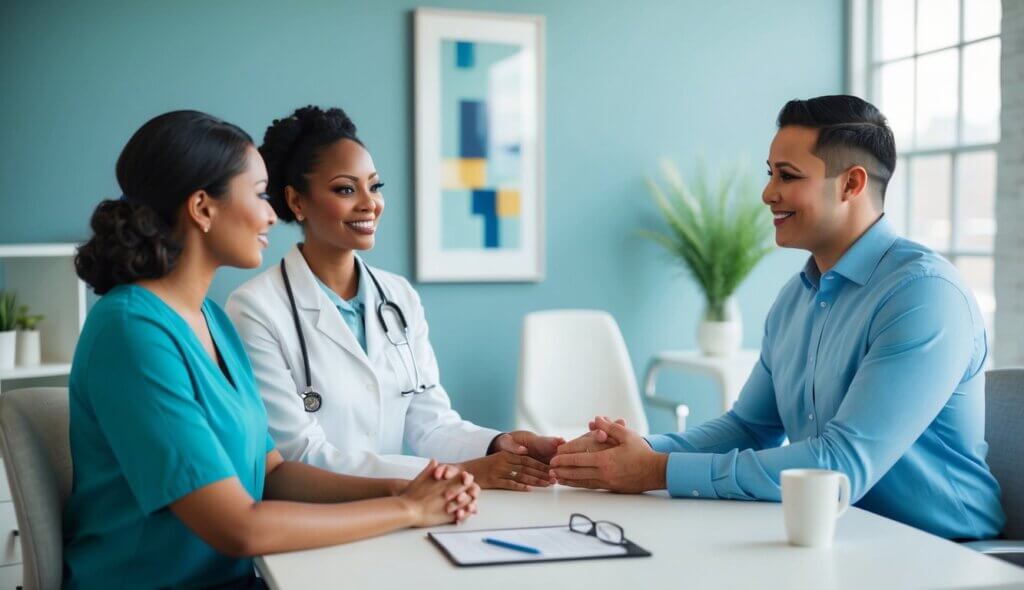 Therapists in a calming office, helping clients manage work stress in Baltimore, MD