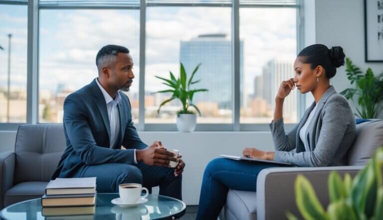 A therapist listens attentively to a young adult client in a bright office with a view of Boise city in the background.