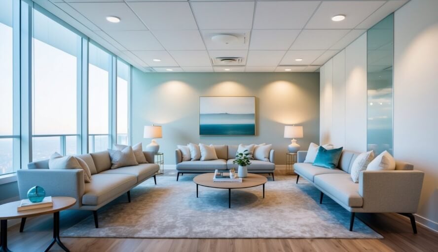 A serene office space in Cleveland with calming decor and soft lighting, featuring comfortable seating and a tranquil atmosphere