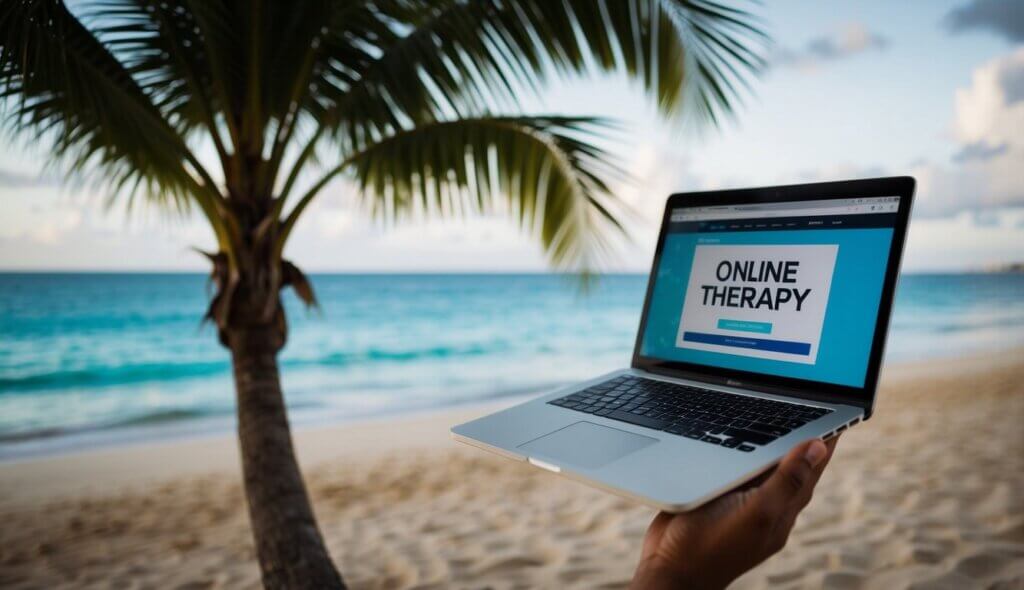 A laptop on a tropical beach, with a palm tree and the ocean in the background, representing online therapy in the Dominican Republic