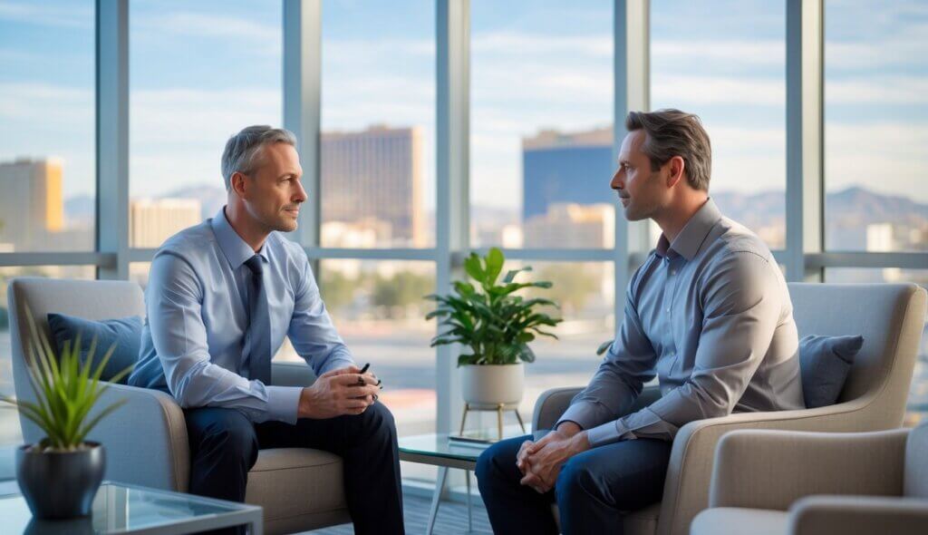 A male therapist and a male client having a therapy session in a bright office with a view of the Las Vegas skyline.