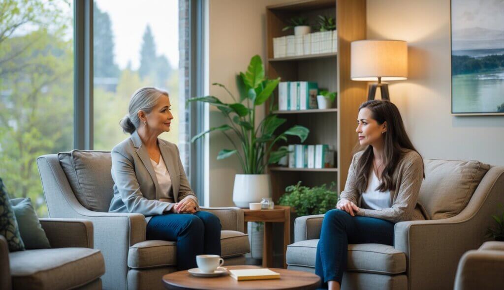 A female therapist and a female client sitting in a comfortable therapy office with natural light and plants.