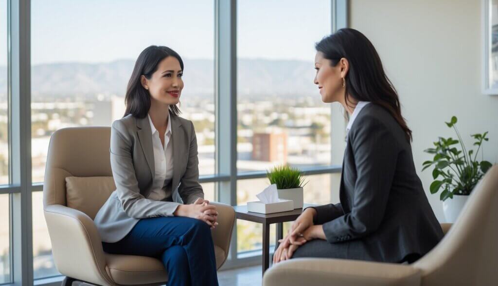 A female therapist and a woman having a supportive conversation in a bright therapy office with a city view in the background in Fresno