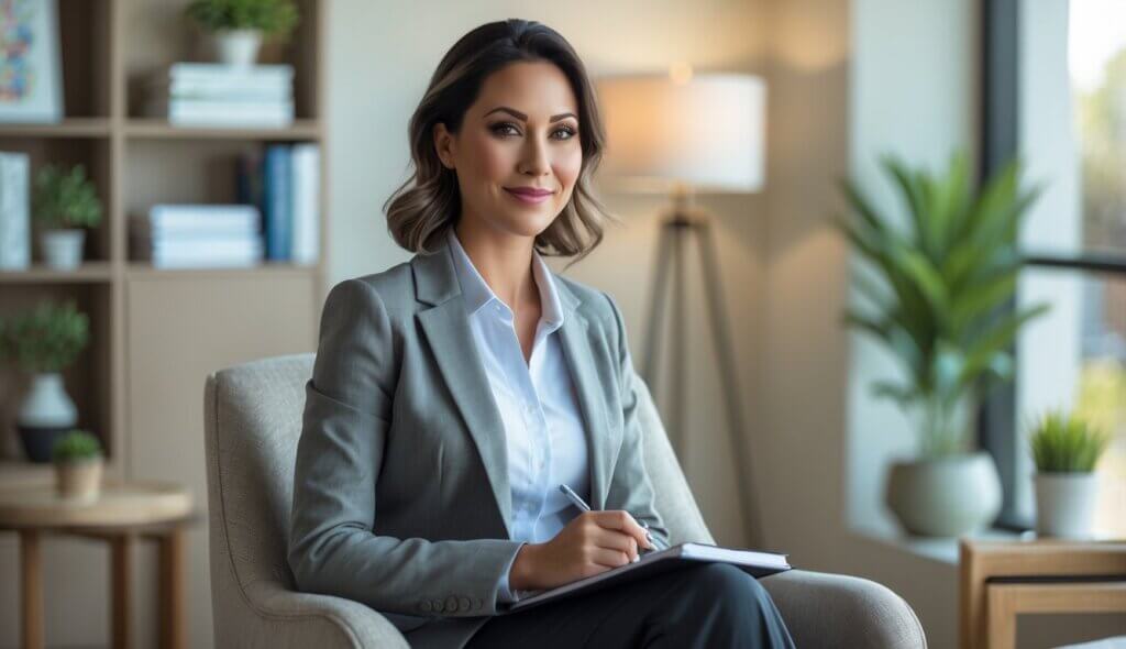A female therapist sitting in a comfortable office in Fresno, holding a notebook and pen, with bookshelves and a plant in the background.