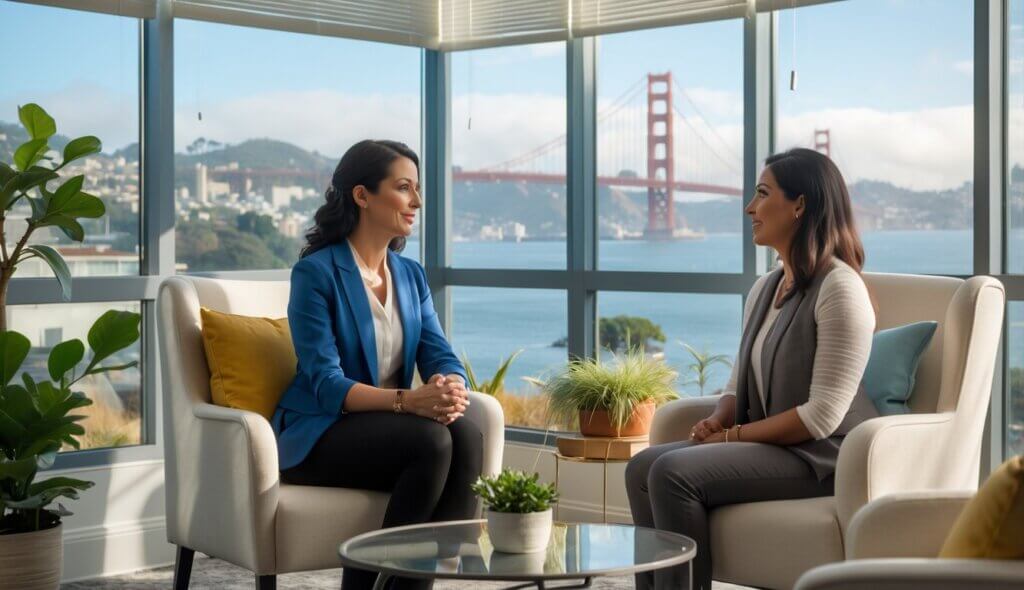 A female therapist and a female client talking in a bright therapy office with a view of the San Francisco skyline.
