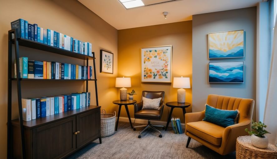 A cozy office in Cleveland with warm lighting and comfortable seating, a shelf of books on mental health, and soothing artwork on the walls