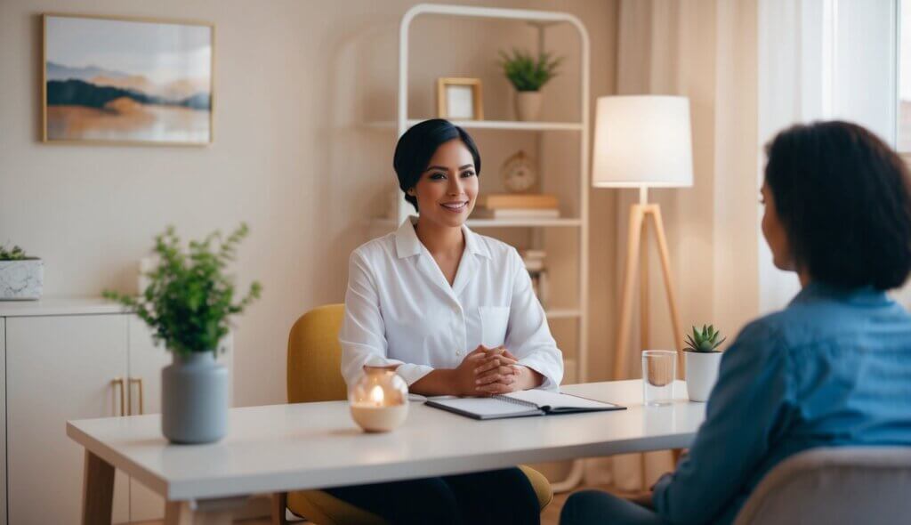 A cozy office in Milwaukie with calming decor and soft lighting, a therapist sitting across from a client, offering support and guidance