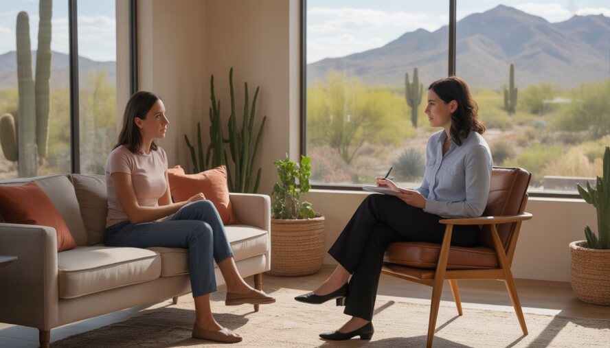 A female therapist and woman client in a comfortable therapy office with desert scenery visible through the windows.