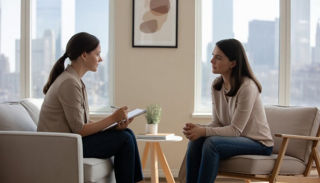 A female therapist and female client in a calm therapy office with a city skyline visible through large windows.