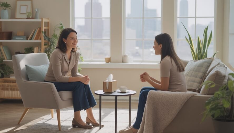 A female therapist and a woman sitting in a bright therapy office with large windows showing a city view, engaged in a supportive conversation.