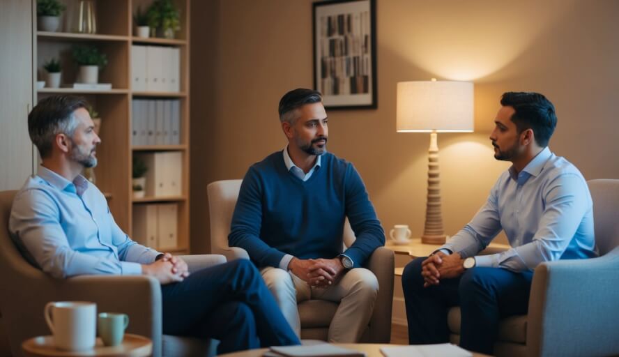 A cozy office with warm lighting, comfortable chairs, and soothing decor. Two men engage in deep conversation with a compassionate therapist in Milwaukie
