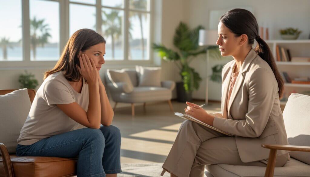 A female therapist attentively listening to a female client in a bright therapy office with windows showing palm trees and the coastline.