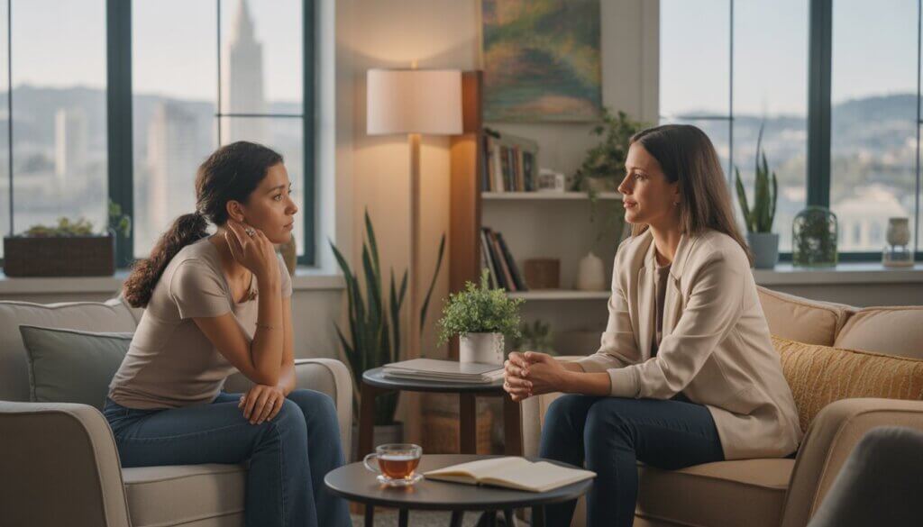 A female therapist and a woman client sitting in a cozy therapy office with large windows showing a city view, engaged in a supportive conversation.