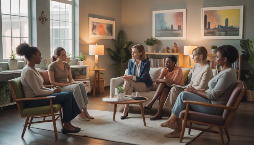 A group of women sitting in a comfortable therapy room with a female therapist attentively listening, surrounded by plants and soft natural light.