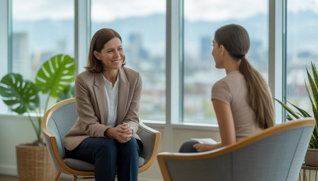 A female therapist and a woman client having a calm conversation in a bright office with windows showing a city skyline and mountains.