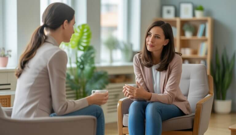 A female therapist attentively listening to a woman in a cozy therapy office with natural light and calming decor.