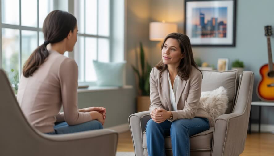 A female therapist talking with a woman client in a bright, comfortable therapy office with a window showing the Nashville skyline.