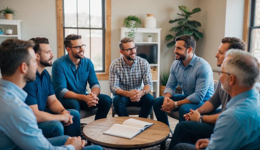 A group of men sit in a circle, sharing their thoughts and emotions with a therapist in a cozy office in Nashville, TN