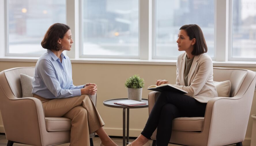 A female therapist attentively listening to a woman client in a comfortable office with a view of Baltimore city in the background.