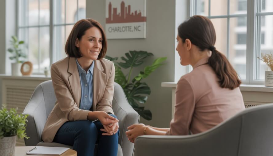A female therapist attentively listening to a woman client during a therapy session in a bright, comfortable office.