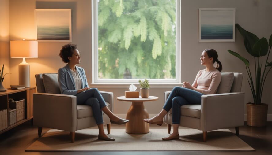 A therapist and client sitting and talking in a cozy therapy office with natural light and plants visible through a window.