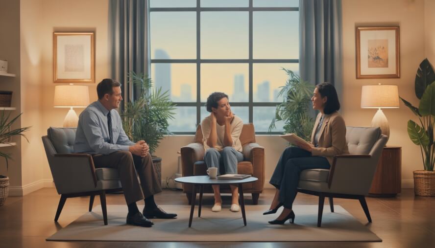 Two therapists talking with a client in a comfortable office with plants and a window showing a city view.