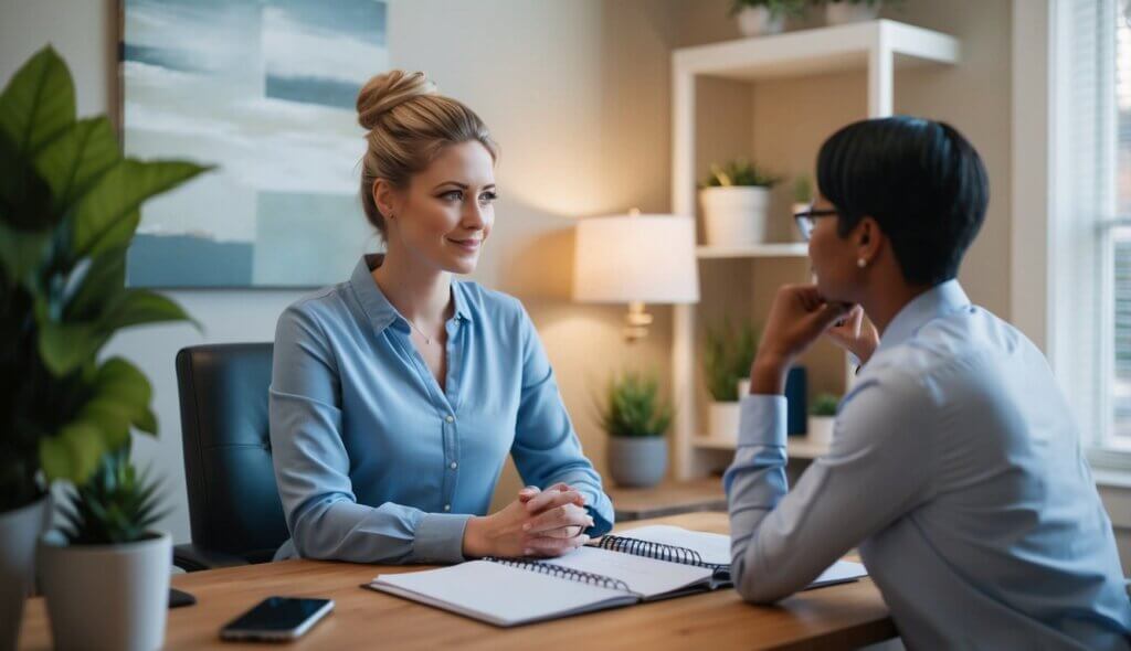 A cozy office with calming decor and soft lighting, a therapist in Nashville, TN, listens attentively to a client discussing work stress