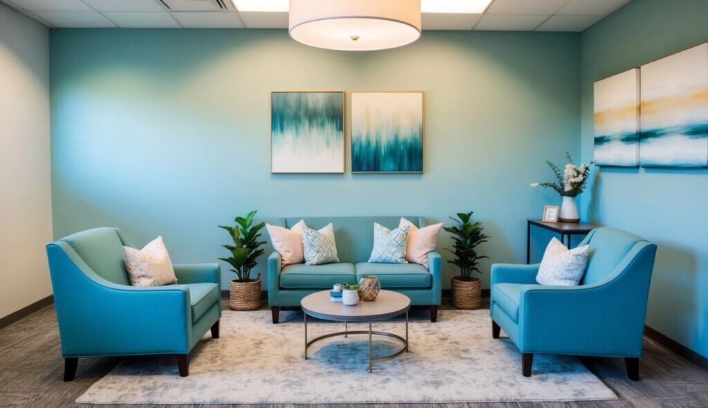 A peaceful office with calming decor, soft lighting, and comfortable seating for work stress therapists in Pittsburgh, PA