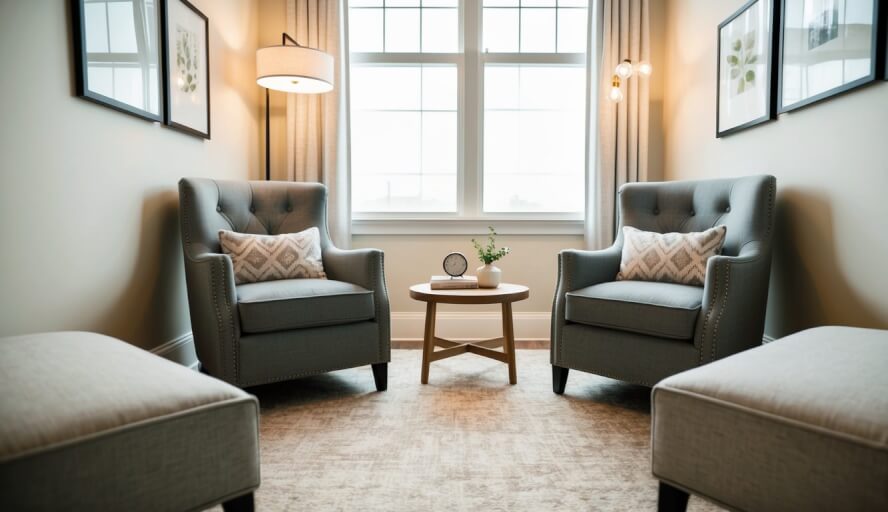 A cozy office in Denver with two armchairs facing each other, soft lighting, and calming decor
