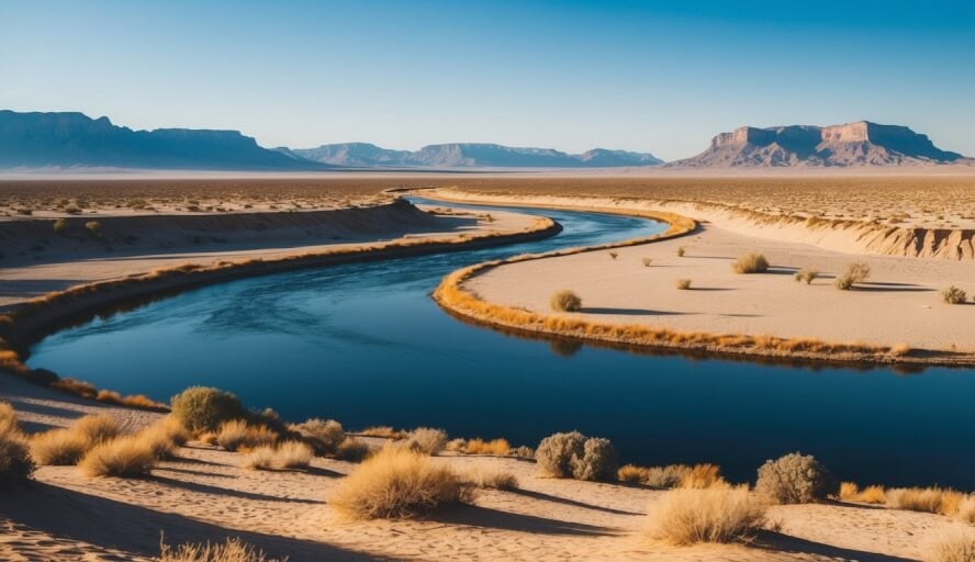 A serene desert landscape with a winding river and mountains in the background, under a clear blue sky
