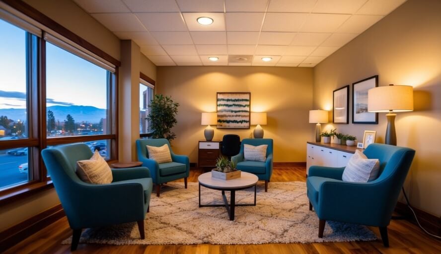 A cozy office with warm lighting, comfortable chairs, and calming decor, located in Santa Fe, NM