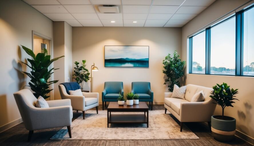 A serene office space with warm lighting and comfortable seating, adorned with calming artwork and plants, creating a welcoming and safe environment for men seeking emotional support