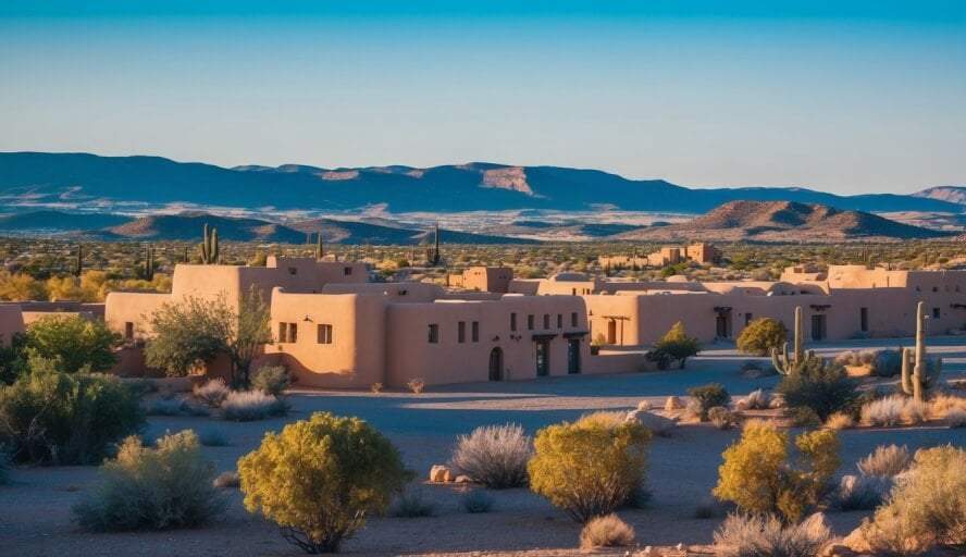 A serene, desert landscape in Santa Fe, NM, with a clear blue sky, adobe buildings, and rolling hills in the background