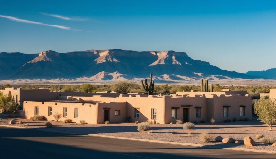 A serene southwestern landscape with adobe buildings and a mountain backdrop, under a clear blue sky