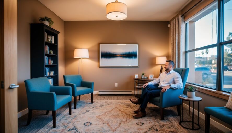 A cozy therapy office in Santa Fe, NM, with warm lighting and comfortable seating, where a skilled therapist provides cognitive behavioral therapy for men with depression
