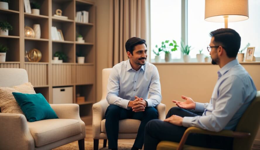 A cozy office with warm lighting, comfortable seating, and calming decor. A therapist listens attentively to a man sharing his feelings