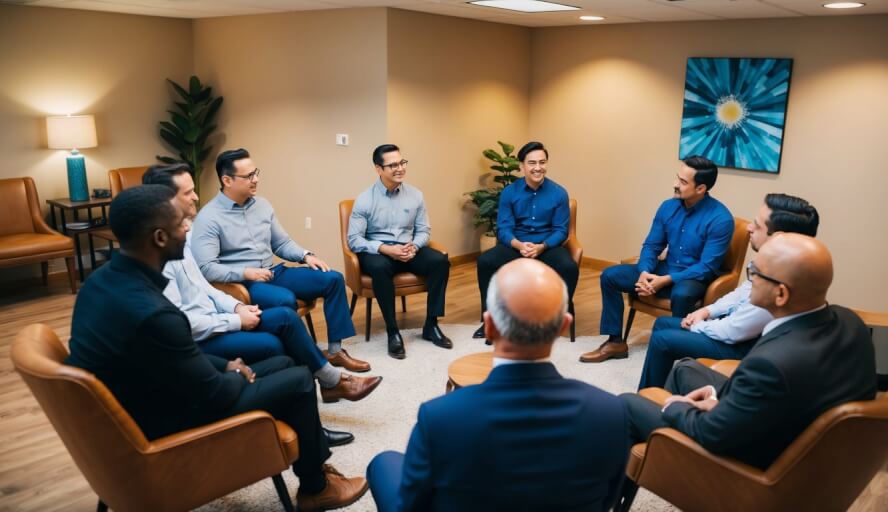 A group of men sit in a circle, listening to a therapist speak in a cozy office in Santa Fe, NM. The room is filled with warm lighting and comfortable chairs