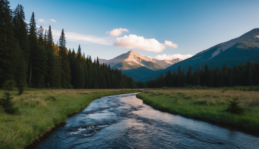 A serene mountain landscape with a peaceful stream running through a forest, evoking a sense of calm and tranquility
