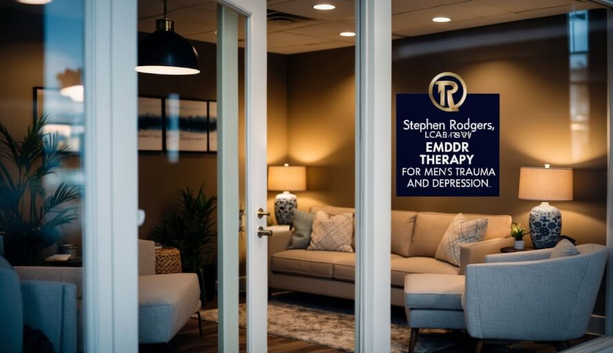 A cozy office with warm lighting, comfortable seating, and calming decor. A sign outside reads "Stephen Rodgers, LCSW - EMDR Therapy for Men's Trauma and Depression."
