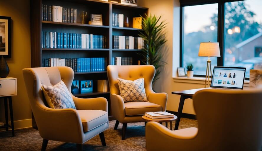 A cozy office with comfortable chairs and warm lighting, a bookshelf filled with resources on men's mental health, and a calming atmosphere