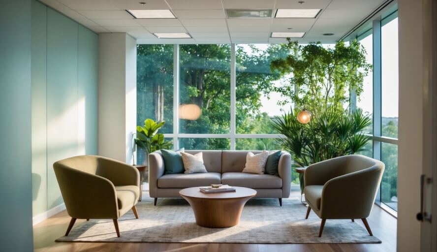 A peaceful office with comfortable seating and soft lighting, surrounded by nature and a sense of tranquility