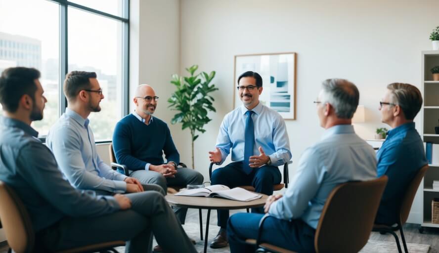 A clinical psychologist leads a group therapy session for men in a cozy Denver office