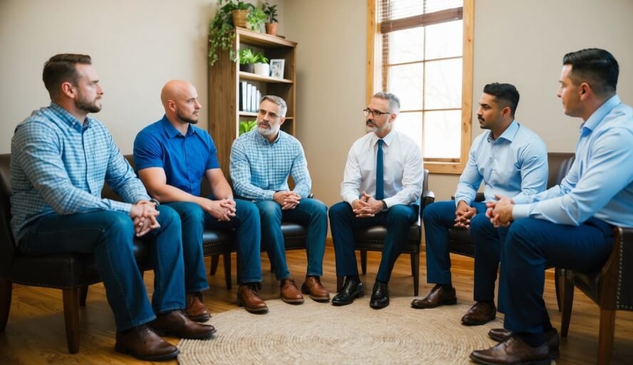 A group of men sit in a circle, talking to a therapist in a cozy office in Denver, CO. The therapist listens attentively as they discuss their struggles with depression