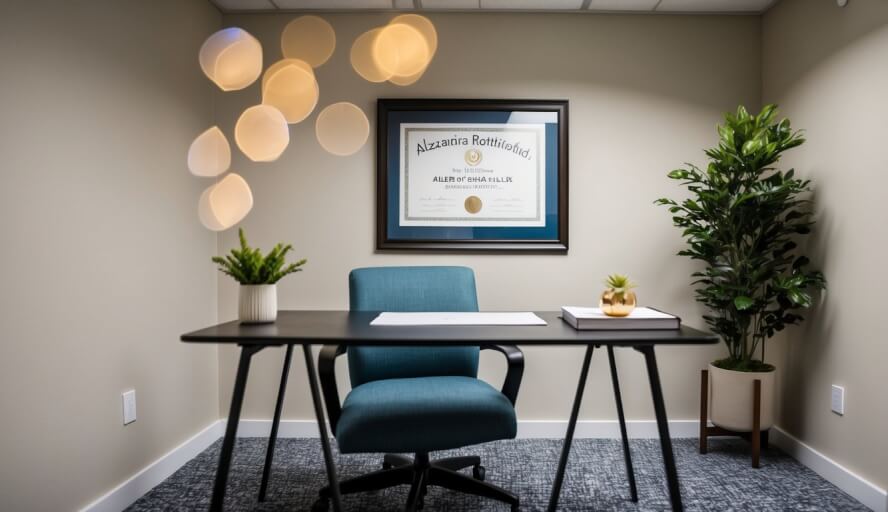 A cozy office in Denver, CO, with a desk, chair, and calming decor. A diploma from Alexandra Rothschild, MA, LPC hangs on the wall