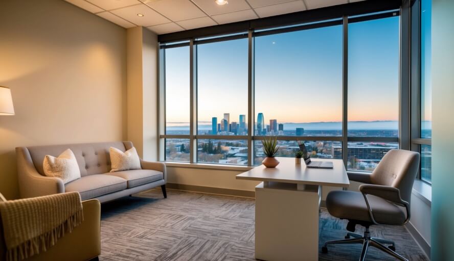 A cozy office with soft lighting and comfortable seating, a desk with calming decor, and a serene view of the Denver skyline through a large window