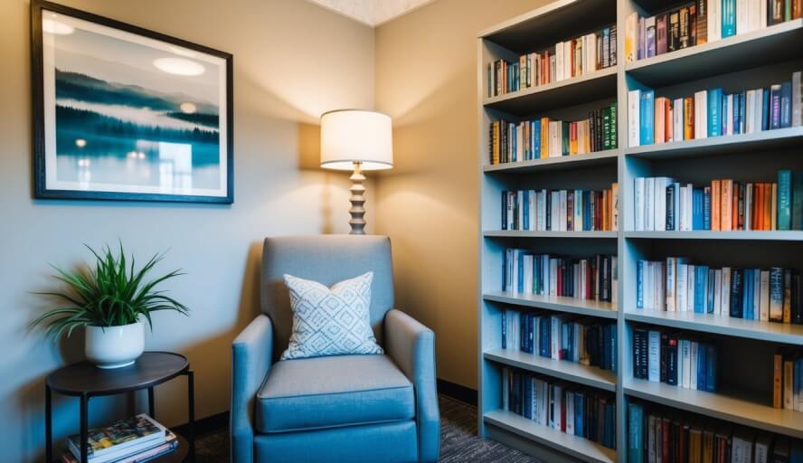 A cozy therapist's office in Denver, CO. A bookshelf filled with stress management books, a comfortable armchair, and soft lighting create a calming atmosphere